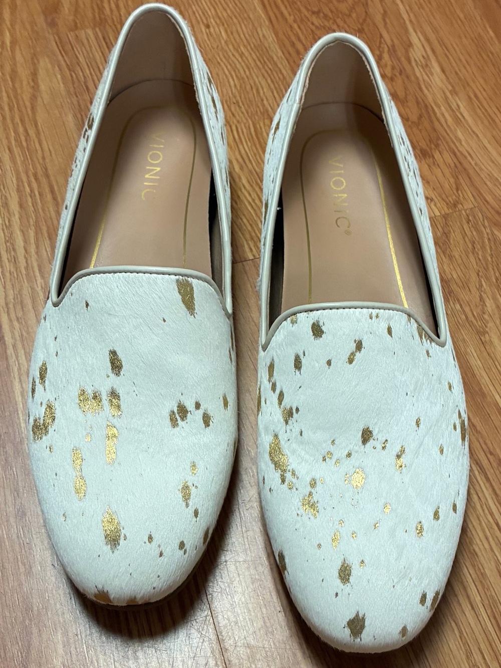 Vionic Willa Off White Gold Splatter Calf Hair Loafer Flats Orthotic Size 9